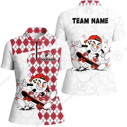 Custom Bowling Jersey Polo Shirt, Skateboarder Bowling Ball Mascot, Custom Bowling Jersey Team Shirt For Players With Name and Team Name
