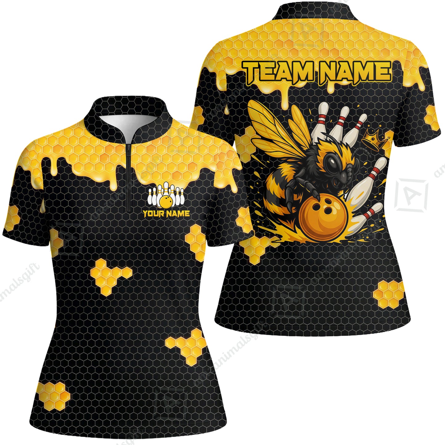 Custom Bowling Jersey Polo Shirt, Golden Honeycomb Hornet, Custom Bowling Jersey Team Shirt For Players With Name and Team Name
