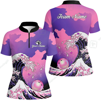 Custom Bowling Polo Shirt, Ocean Wave Bowling, Custom Bowling Polo Team Shirt For Players With Name & Team Name