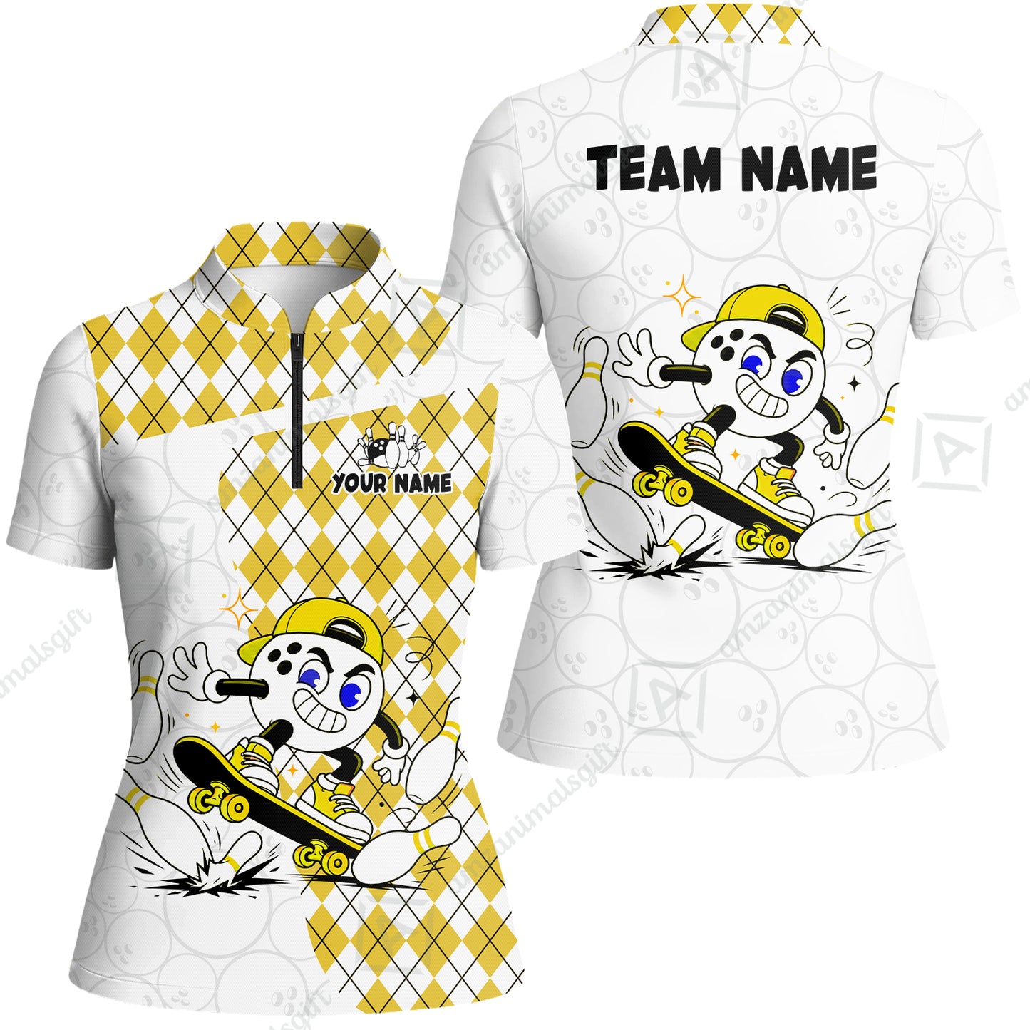 Custom Bowling Jersey Polo Shirt, Skateboarder Bowling Ball Mascot, Custom Bowling Jersey Team Shirt For Players With Name and Team Name