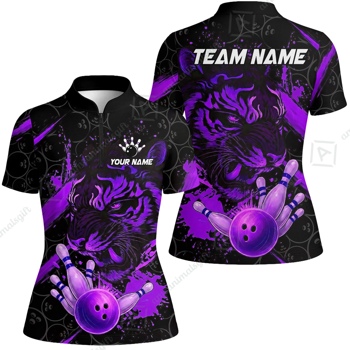 Customized Bowling Unisex Polo Shirt, Tiger Ball Striking Pins, Bowling Uniforms, Personalized Name And Team Name