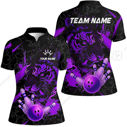 Customized Bowling Unisex Polo Shirt, Tiger Ball Striking Pins, Bowling Uniforms, Personalized Name And Team Name
