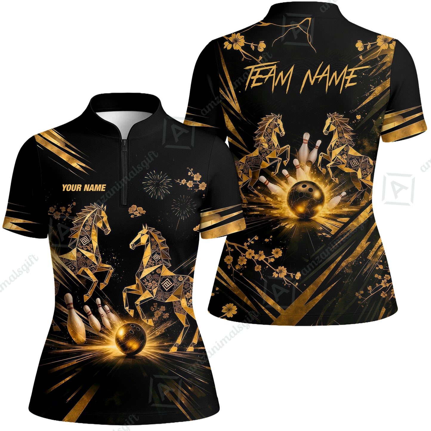 Custom Bowling Jersey Polo Shirt, Black Gold Horse, Custom Bowling Jersey Team Shirt For Players With Name & Team Name
