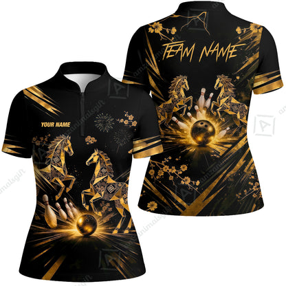 Custom Bowling Jersey Polo Shirt, Black Gold Horse, Custom Bowling Jersey Team Shirt For Players With Name & Team Name