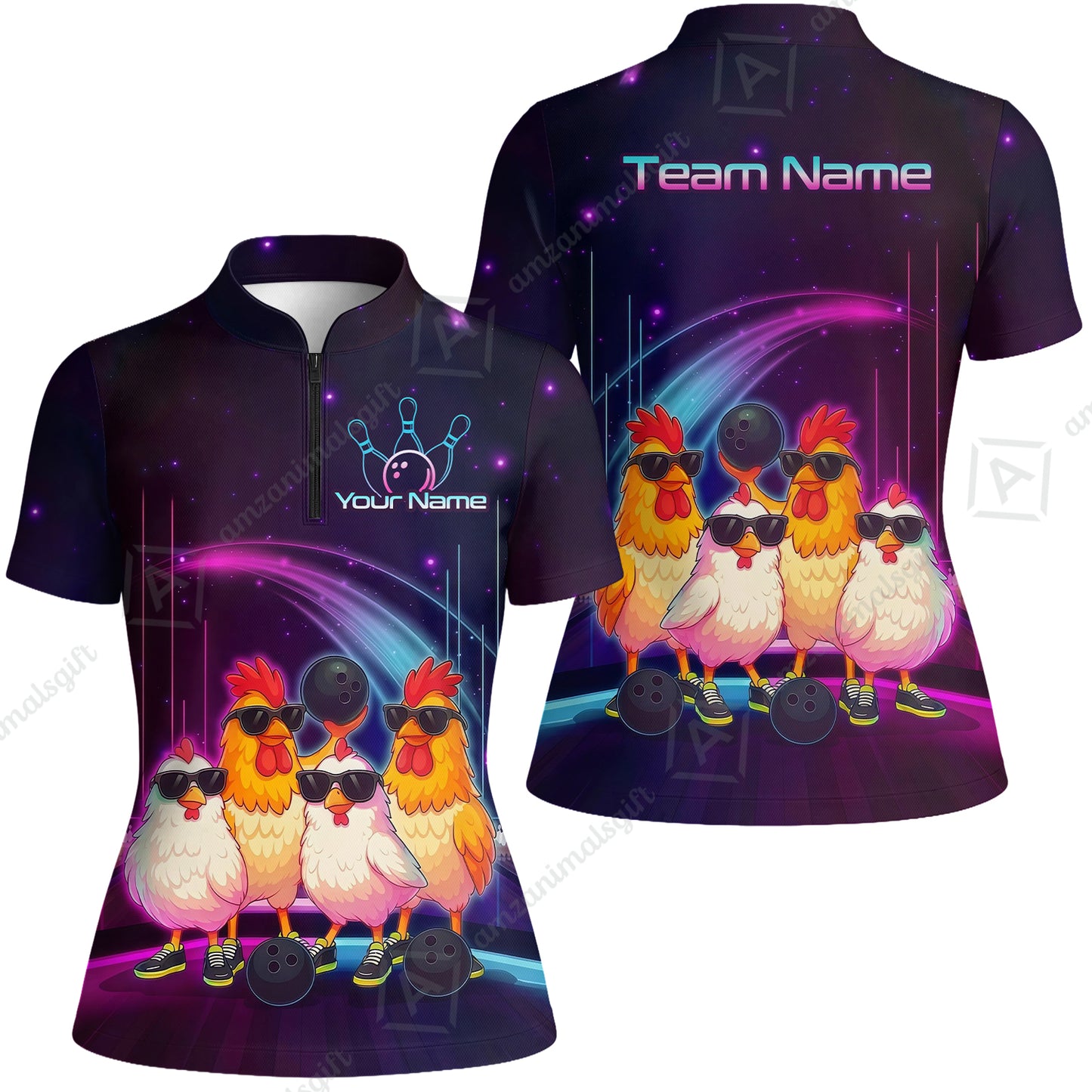 Custom Bowling Jersey Polo Shirt, Funny Cool Chickens Neon Cosmic, Custom Bowling Jersey Team Shirt For Players With Name & Team Name