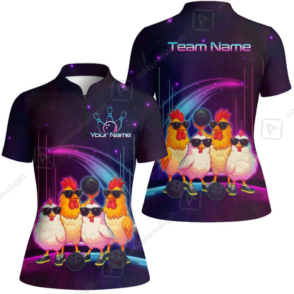 Custom Bowling Jersey Polo Shirt, Funny Cool Chickens Neon Cosmic, Custom Bowling Jersey Team Shirt For Players With Name & Team Name