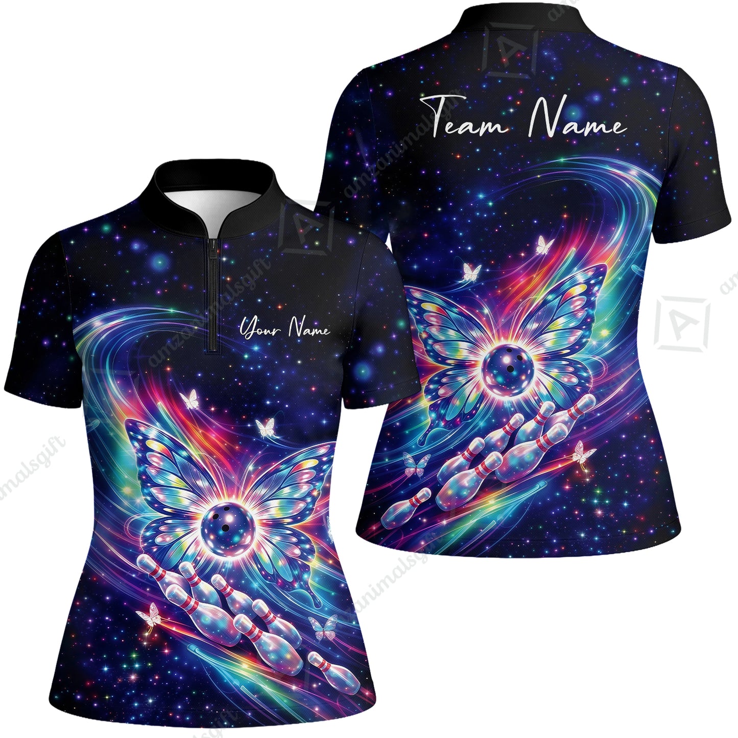 Custom Bowling Jersey Polo Shirt, Spiritual Butterfly Bowling Custom Bowling Jersey Team Shirt For Players With Name & Team Name