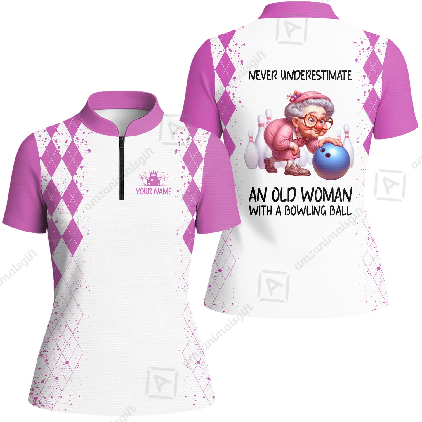 Custom Bowling Jersey Polo Shirt, Never Underestimate An Old Woman With A Bowling Ball, Personalized Name & Team Name