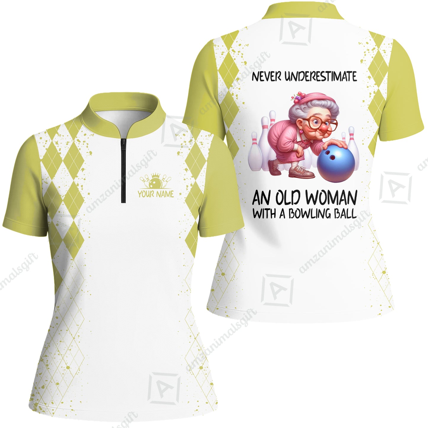 Custom Bowling Jersey Polo Shirt, Never Underestimate An Old Woman With A Bowling Ball, Personalized Name & Team Name