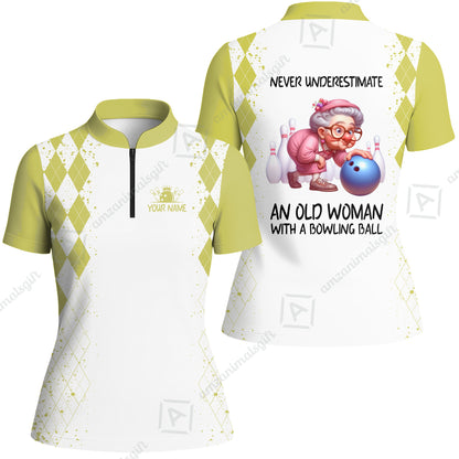 Custom Bowling Jersey Polo Shirt, Never Underestimate An Old Woman With A Bowling Ball, Personalized Name & Team Name