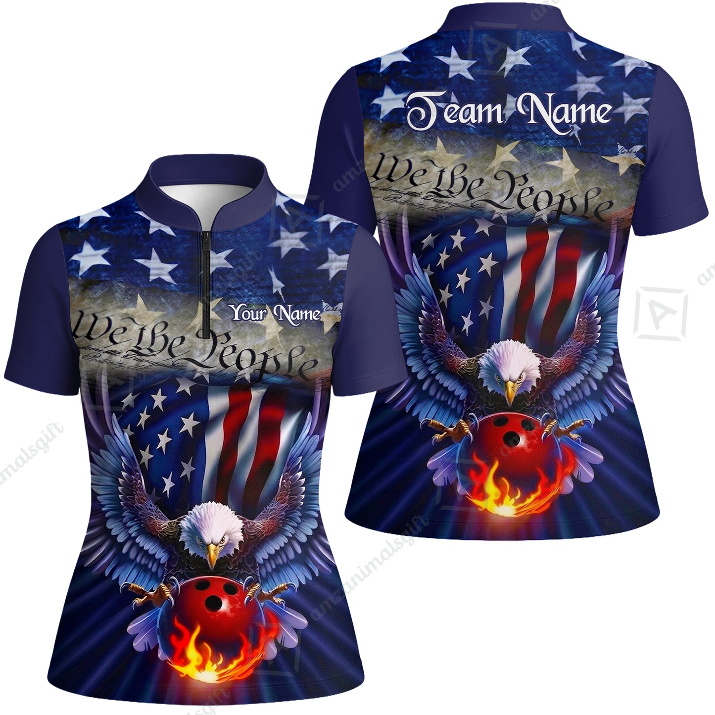 Custom Bowling Jersey Polo Shirt, Flaming Bowling Ball Eagle Custom Bowling Jersey Team Shirt For Players With Name & Team Name