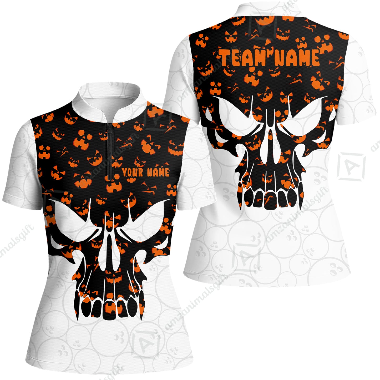 Custom Bowling Jersey Polo Shirt, Halloween Pattern Skull, Custom Bowling Jersey Team Shirt For Players With Name & Team Name