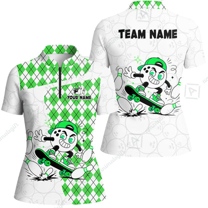 Custom Bowling Jersey Polo Shirt, Skateboarder Bowling Ball Mascot, Custom Bowling Jersey Team Shirt For Players With Name and Team Name