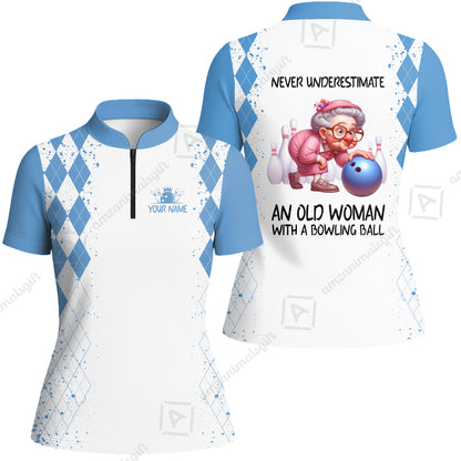 Custom Bowling Jersey Polo Shirt, Never Underestimate An Old Woman With A Bowling Ball, Personalized Name & Team Name