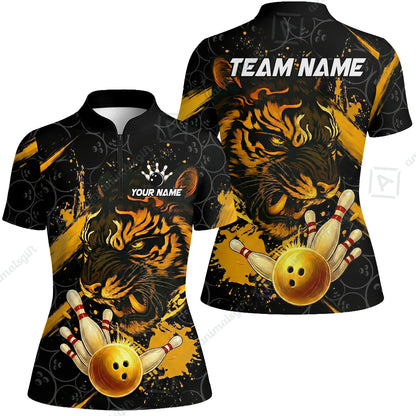 Customized Bowling Unisex Polo Shirt, Tiger Ball Striking Pins, Bowling Uniforms, Personalized Name And Team Name