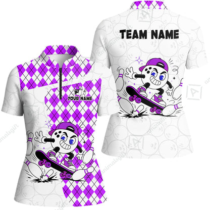 Custom Bowling Jersey Polo Shirt, Skateboarder Bowling Ball Mascot, Custom Bowling Jersey Team Shirt For Players With Name and Team Name