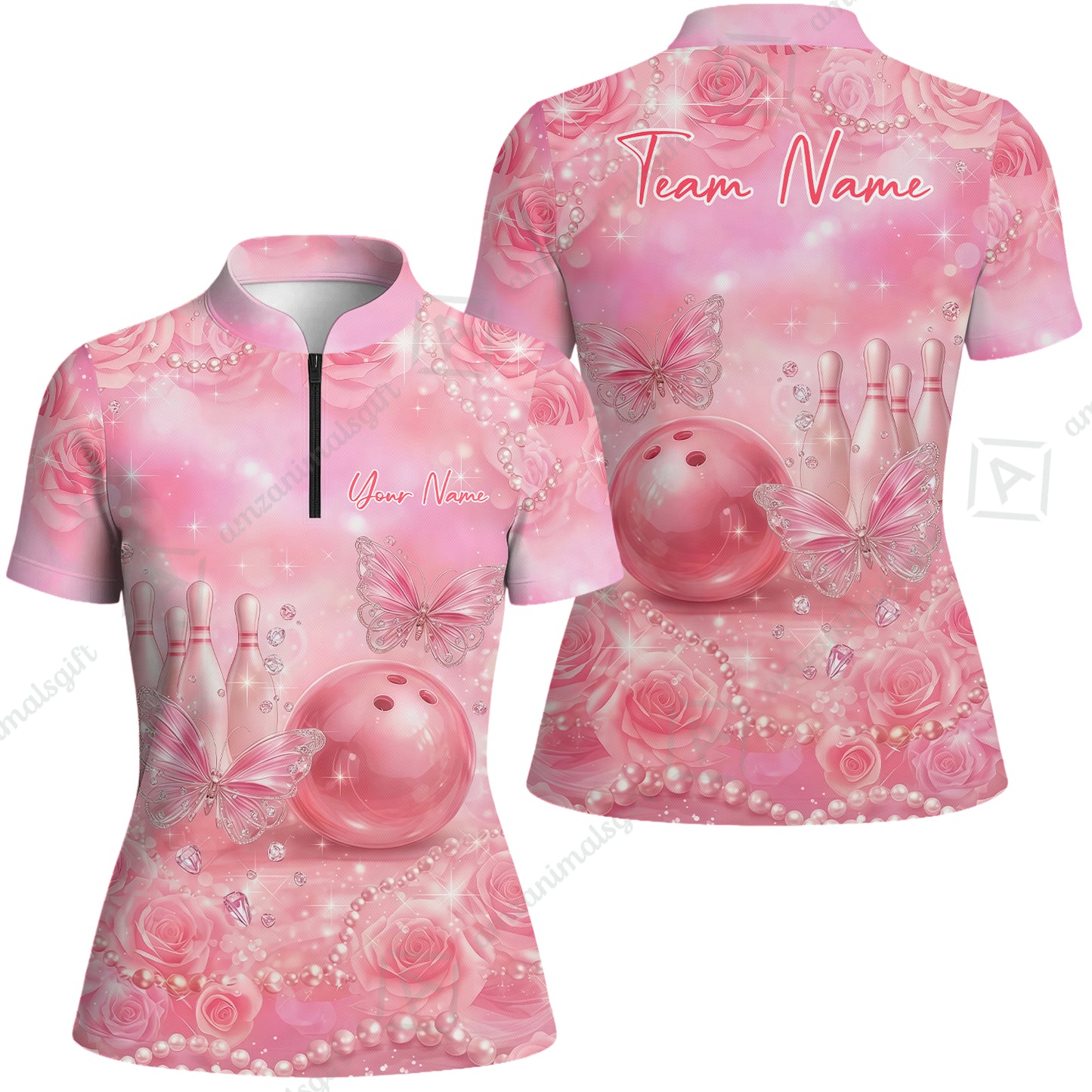 Custom Pink Diamond Bowling Jersey Polo Shirt, Custom Pink Diamond Bowling Jersey Team Shirt For Players With Name & Team Name