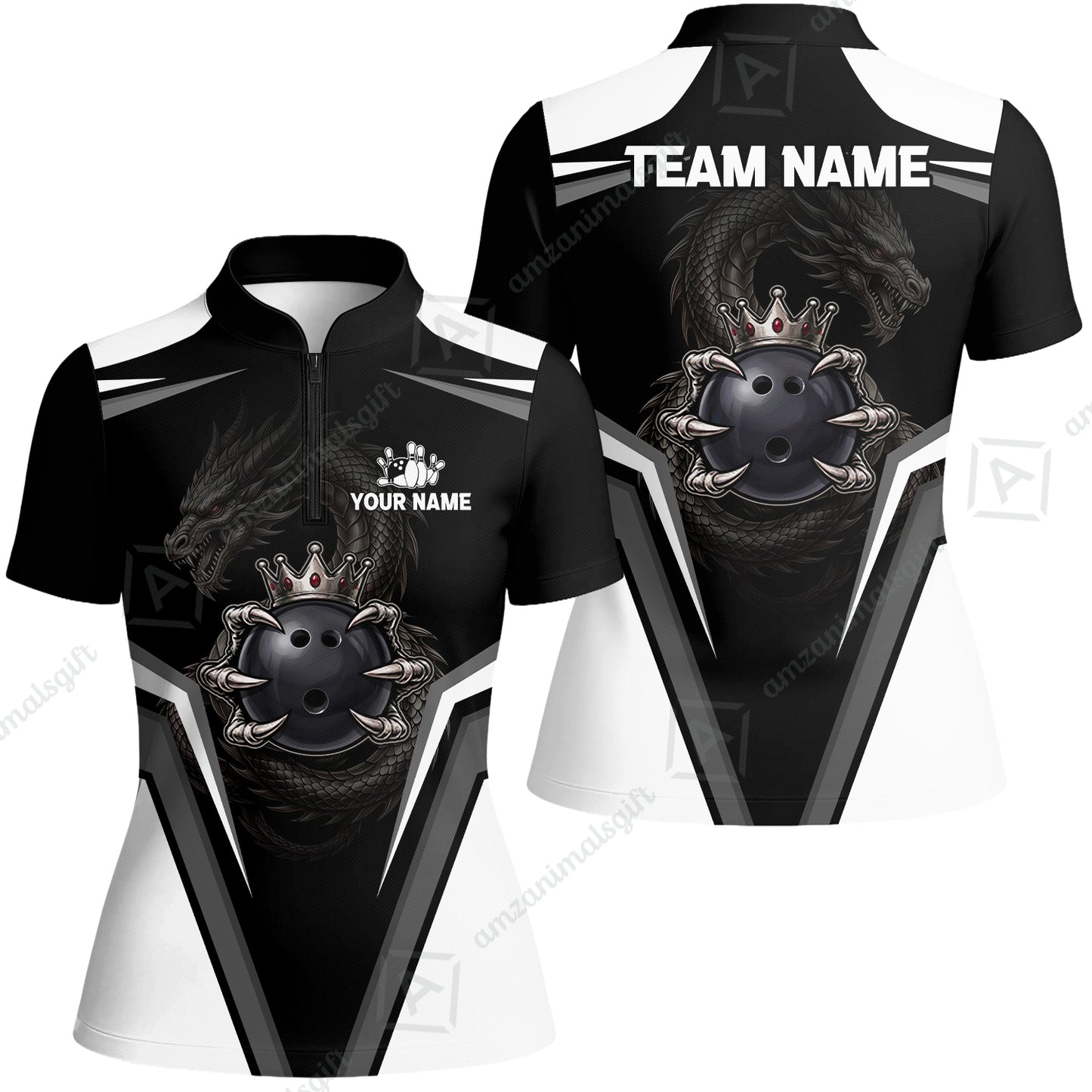 Custom Bowling Jersey Polo Shirt, Gothic Dark Dragon Royal Crown, Custom Bowling Jersey Team Shirt For Players With Name and Team Name