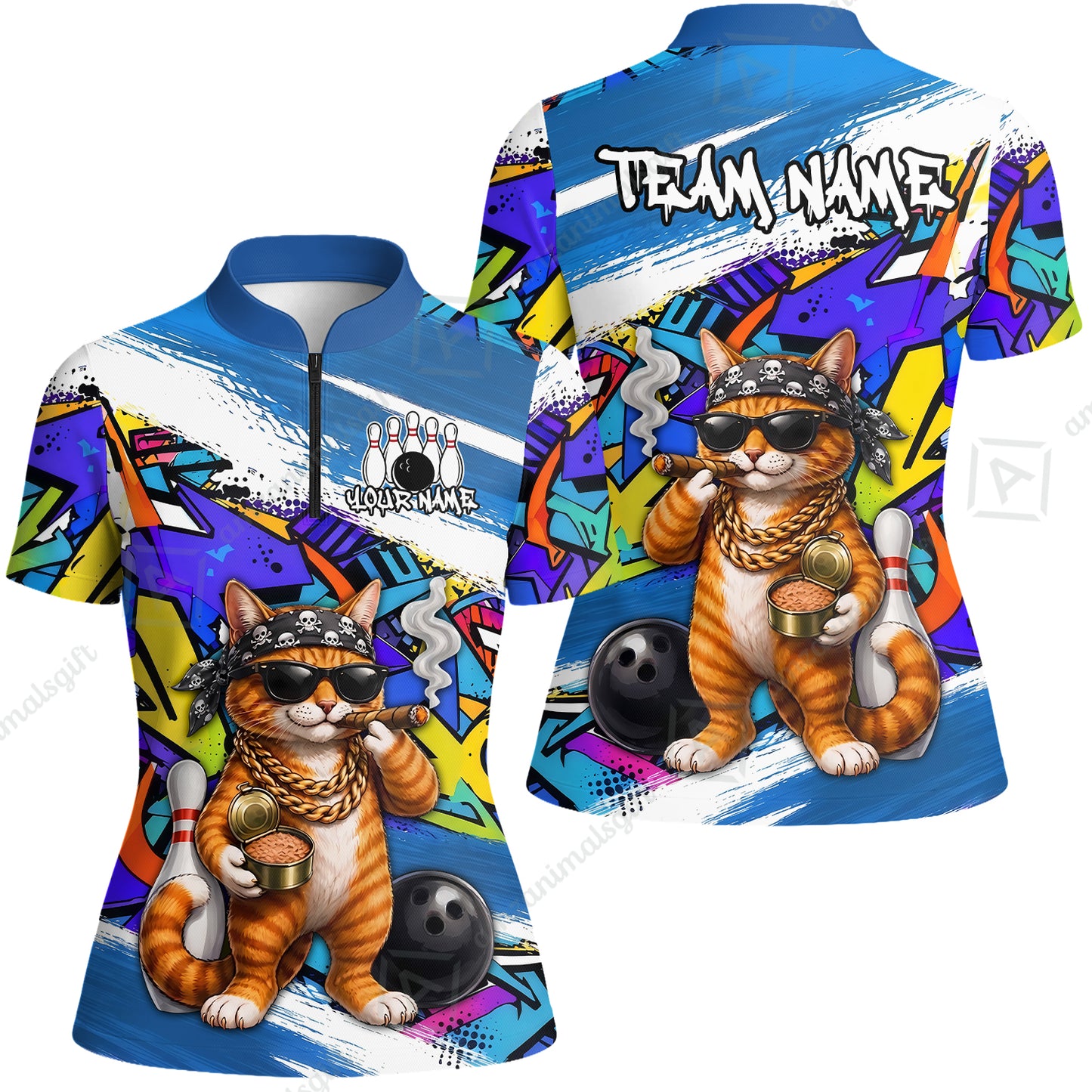 Custom Bowling Jersey Polo Shirt, Cat Graffiti Bowling, Personalize Name and Team Name
