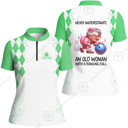 Custom Bowling Jersey Polo Shirt, Never Underestimate An Old Woman With A Bowling Ball, Personalized Name & Team Name