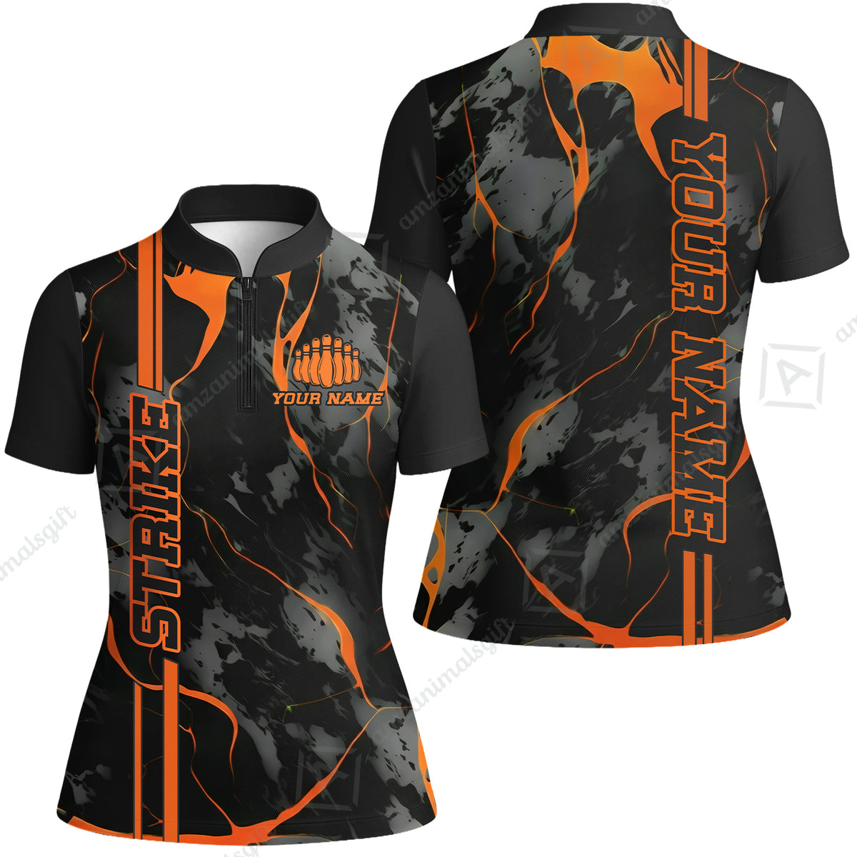 Custom Orange Strike, Bowling Shirts Men Polo Orange Camo, Bowling Team Jerseys