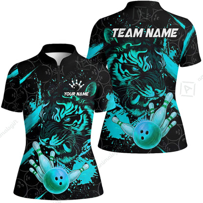 Customized Bowling Unisex Polo Shirt, Tiger Ball Striking Pins, Bowling Uniforms, Personalized Name And Team Name