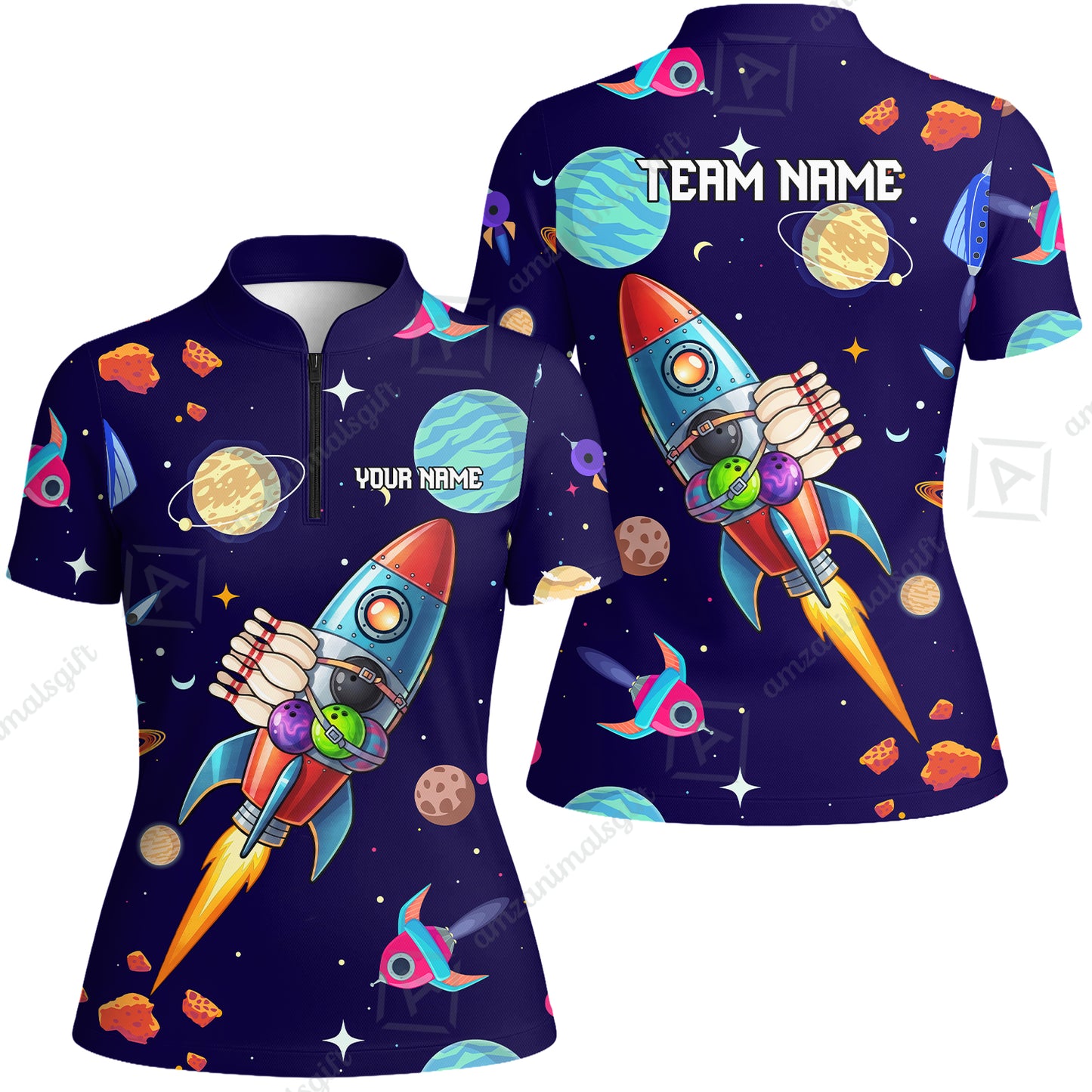 Custom Bowling Jersey Polo Shirt, Rockets Into Space, Custom Bowling Jersey Team Shirt For Players With Name and Team Name