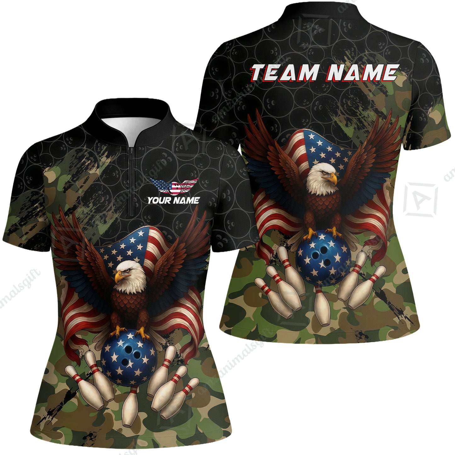 Custom Bowling Jersey Polo Shirt, Forest Camo Patriotic Bowling, Custom Bowling Jersey Team Shirt For Players With Name & Team Name