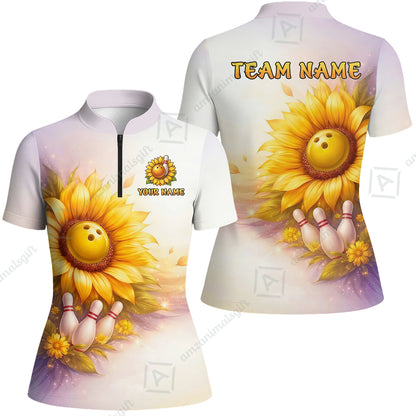 Custom Bowling Polo Shirt, Floral Sunflower Bowling Custom Bowling Polo Team Shirt For Players With Name & Team Name