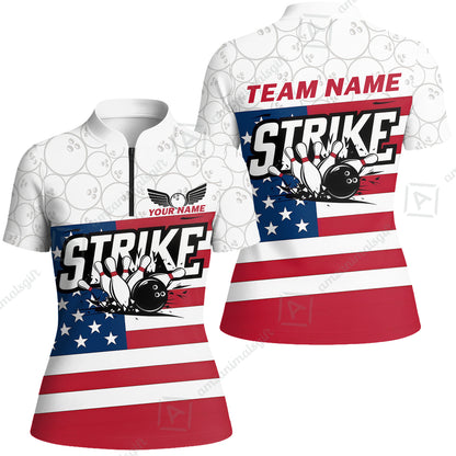 Custom Bowling Jersey Polo Shirt, Classic American Flag Block Strike, Custom Bowling Jersey Team Shirt For Players With Name and Team Name