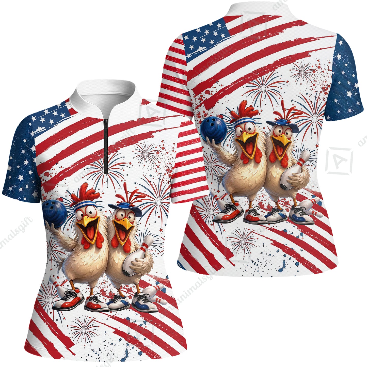 Custom Bowling Jersey Polo Shirt, Funny Patriotic USA Chicken Fireworks, Custom Bowling Jersey Team Shirt For Players With Name & Team Name