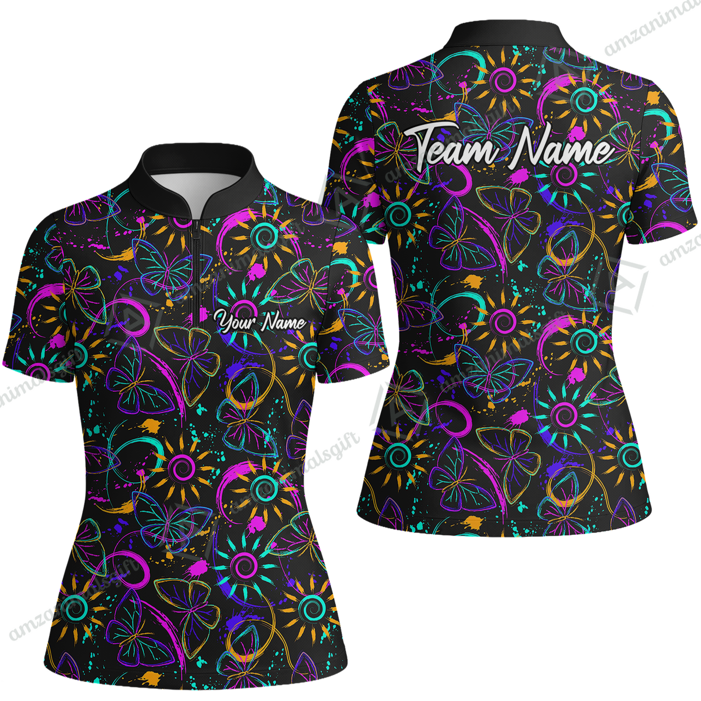 Custom Bowling Jersey Polo Shirt, Colorful Butterfly Bowling, Custom Bowling Jersey Team Shirt For Players With Name & Team Name
