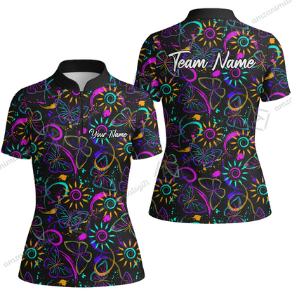 Custom Bowling Jersey Polo Shirt, Colorful Butterfly Bowling, Custom Bowling Jersey Team Shirt For Players With Name & Team Name