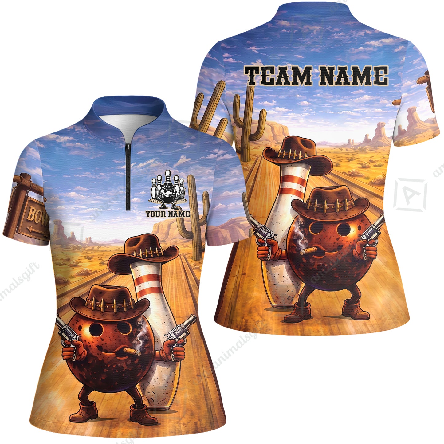 Custom Bowling Jersey Polo Shirt, Wild West Cowboy Gunslinger, Custom Bowling Jersey Team Shirt For Players With Name and Team Name