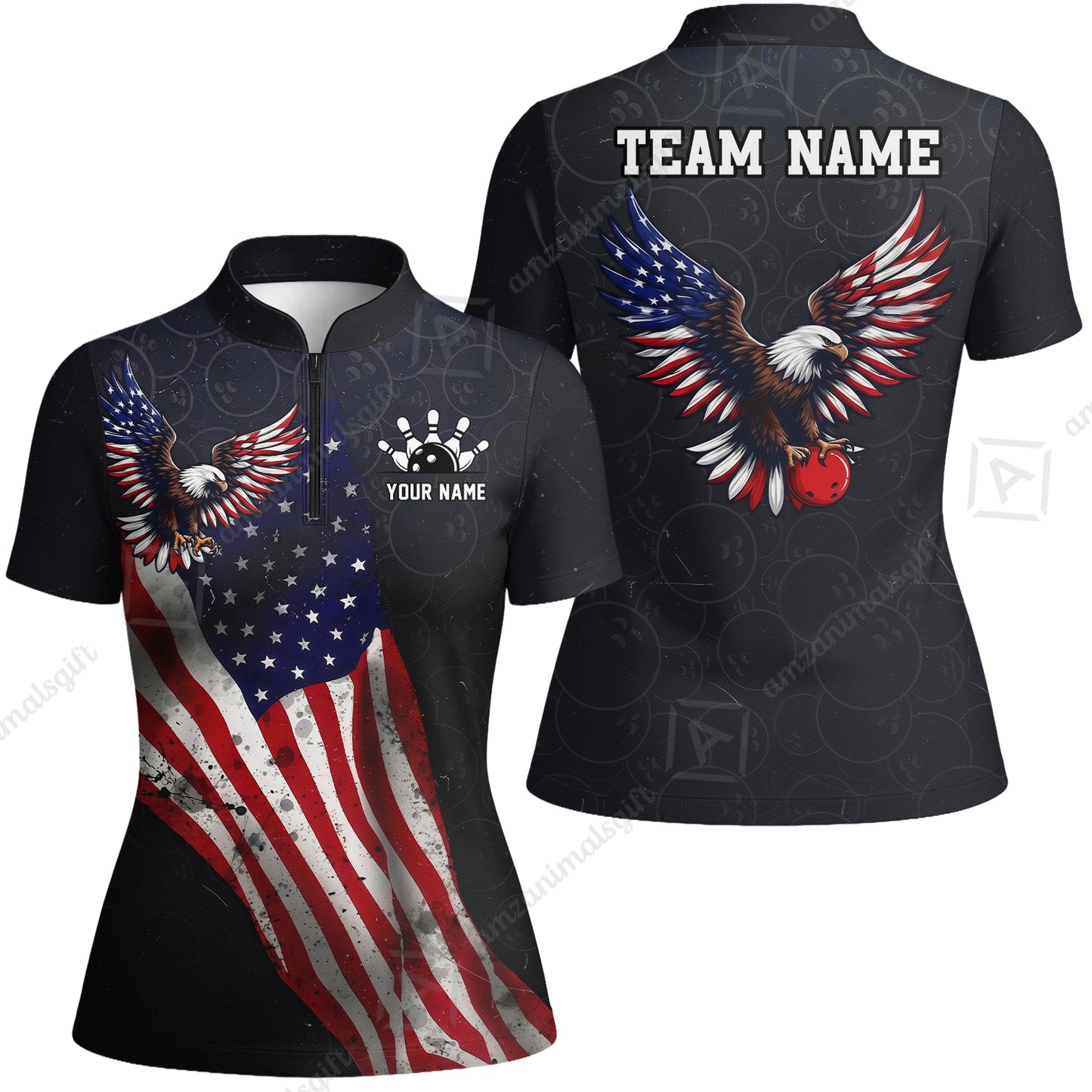 Custom Bowling Jersey Polo Shirt, USA Flag Draped Bald Eagle Strike, Custom Bowling Jersey Team Shirt For Players With Name & Team Name