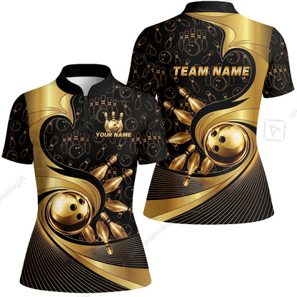 Custom Bowling Jersey Polo Shirt, Bowling Gold Swirling Pattern, Personalize Name and Team Name