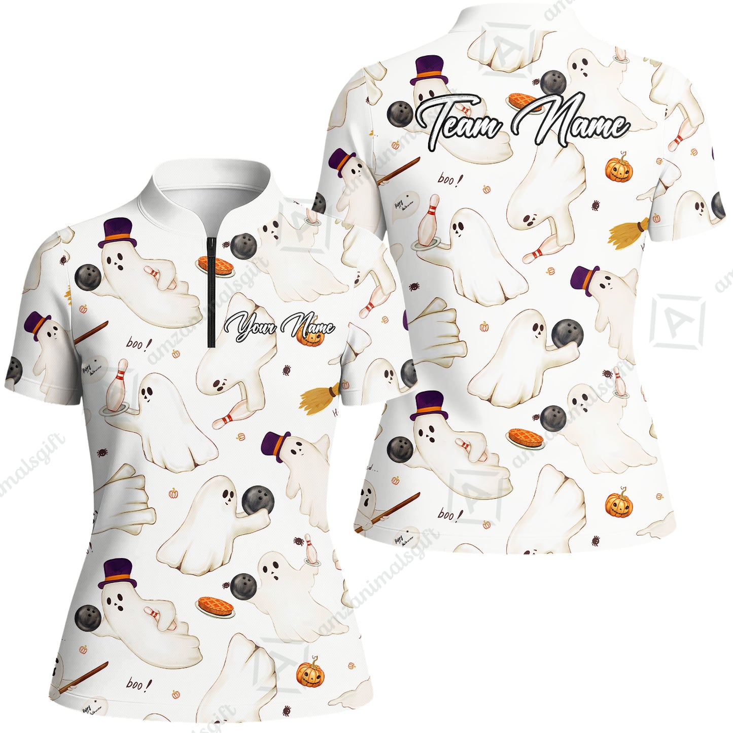 Custom Bowling Jersey Polo Shirt, Reds Seamless Pattern Cute Ghost, Personalize Name and Team Name