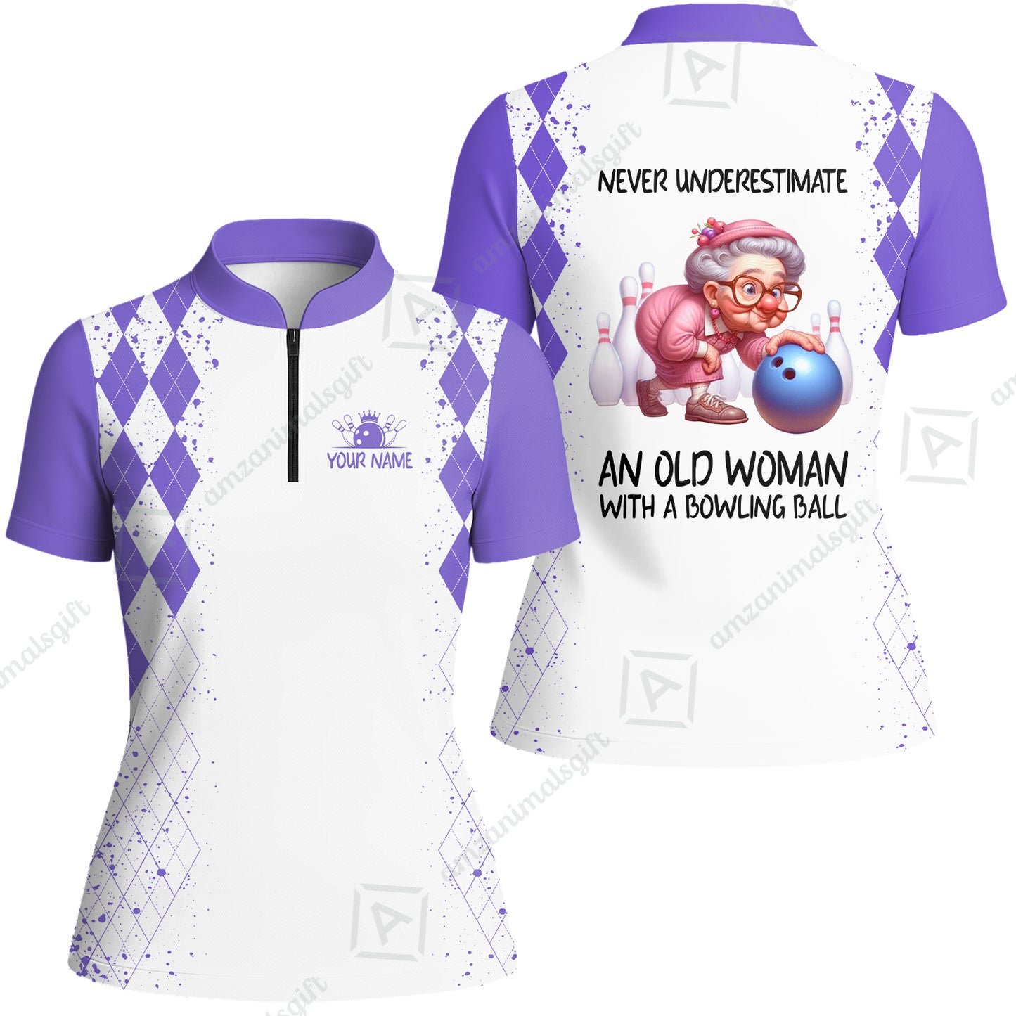 Custom Bowling Jersey Polo Shirt, Never Underestimate An Old Woman With A Bowling Ball, Personalized Name & Team Name