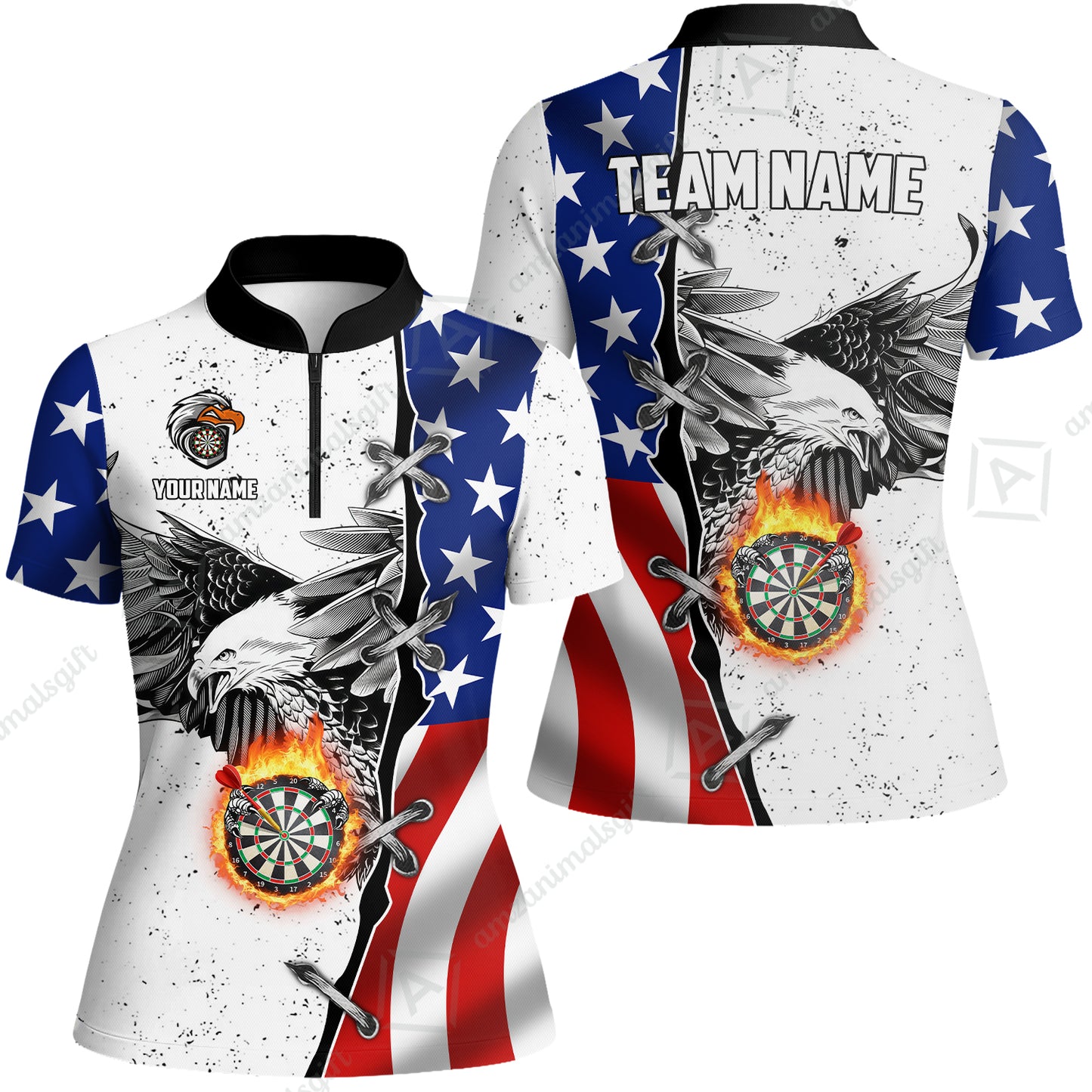 Customized Darts Team Uniform Shirt Darts US Flag White Eagle Flame Pin Dust Pattern, Personalized Name And Team Name