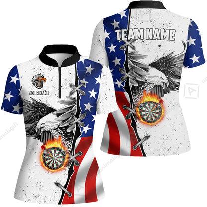Customized Darts Team Uniform Shirt Darts US Flag White Eagle Flame Pin Dust Pattern, Personalized Name And Team Name