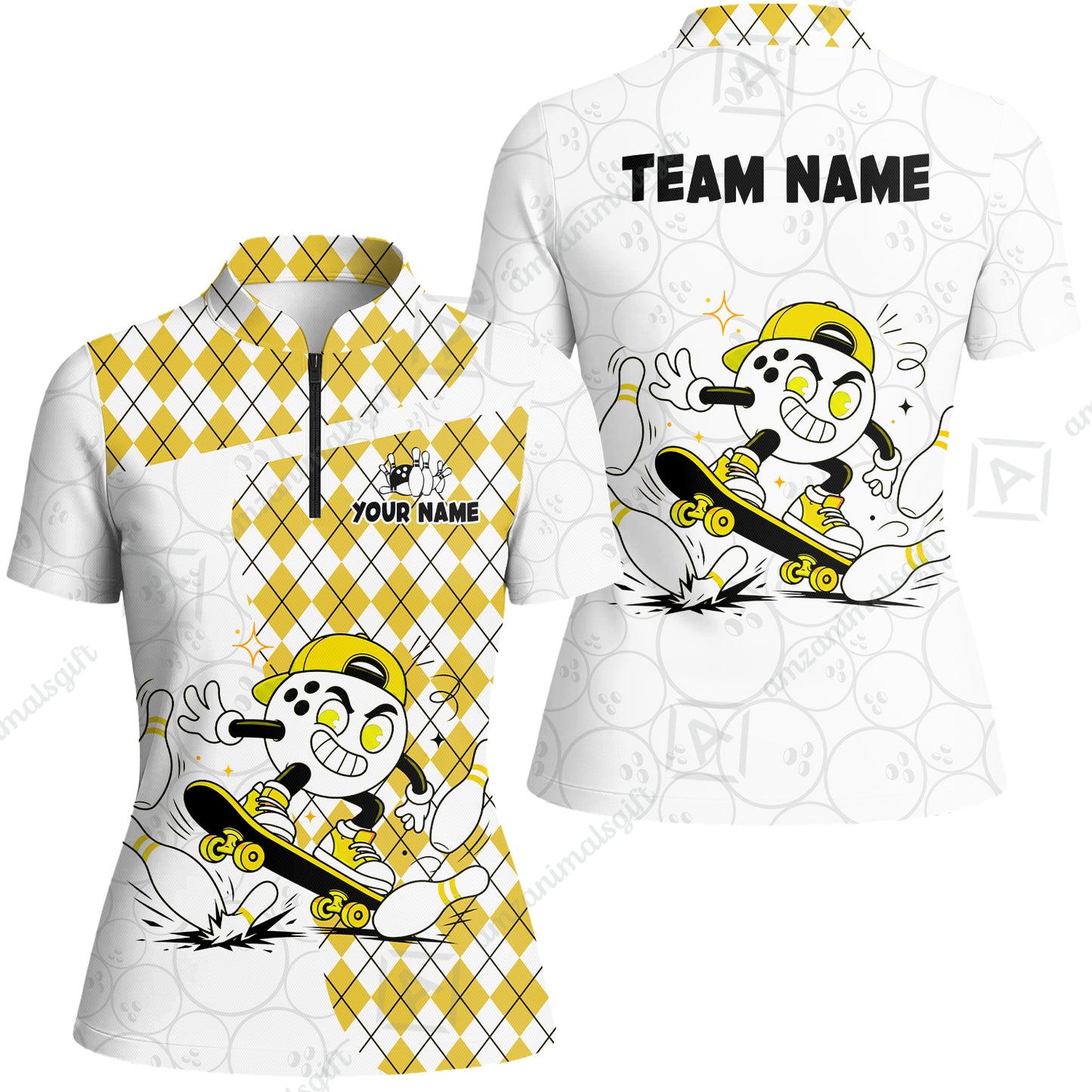Custom Bowling Jersey Polo Shirt, Skateboarder Bowling Ball Mascot, Custom Bowling Jersey Team Shirt For Players With Name and Team Name