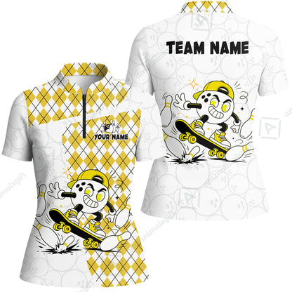 Custom Bowling Jersey Polo Shirt, Skateboarder Bowling Ball Mascot, Custom Bowling Jersey Team Shirt For Players With Name and Team Name