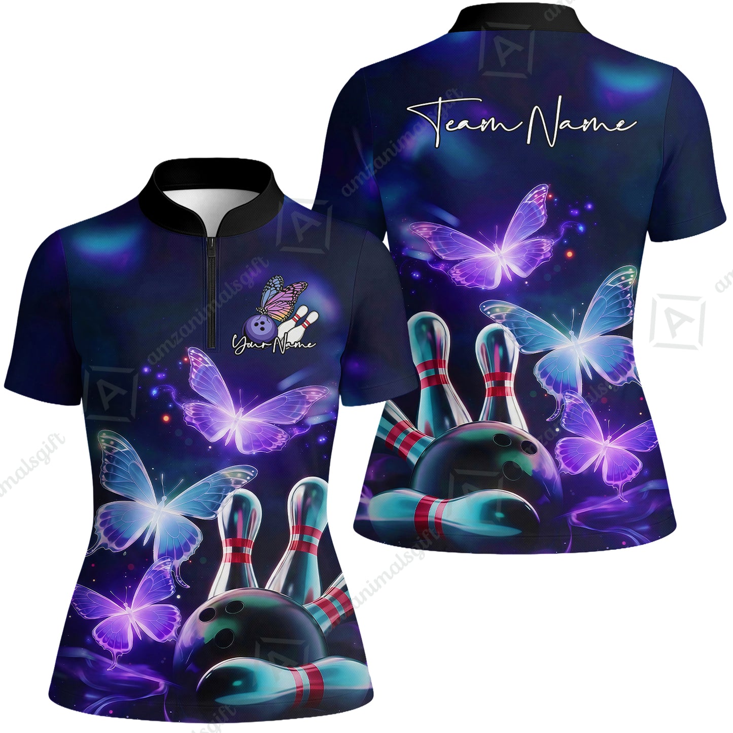 Custom Bowling Jersey Polo Shirt, Neon Butterfly Bowling, Custom Bowling Jersey Team Shirt For Players With Name & Team Name