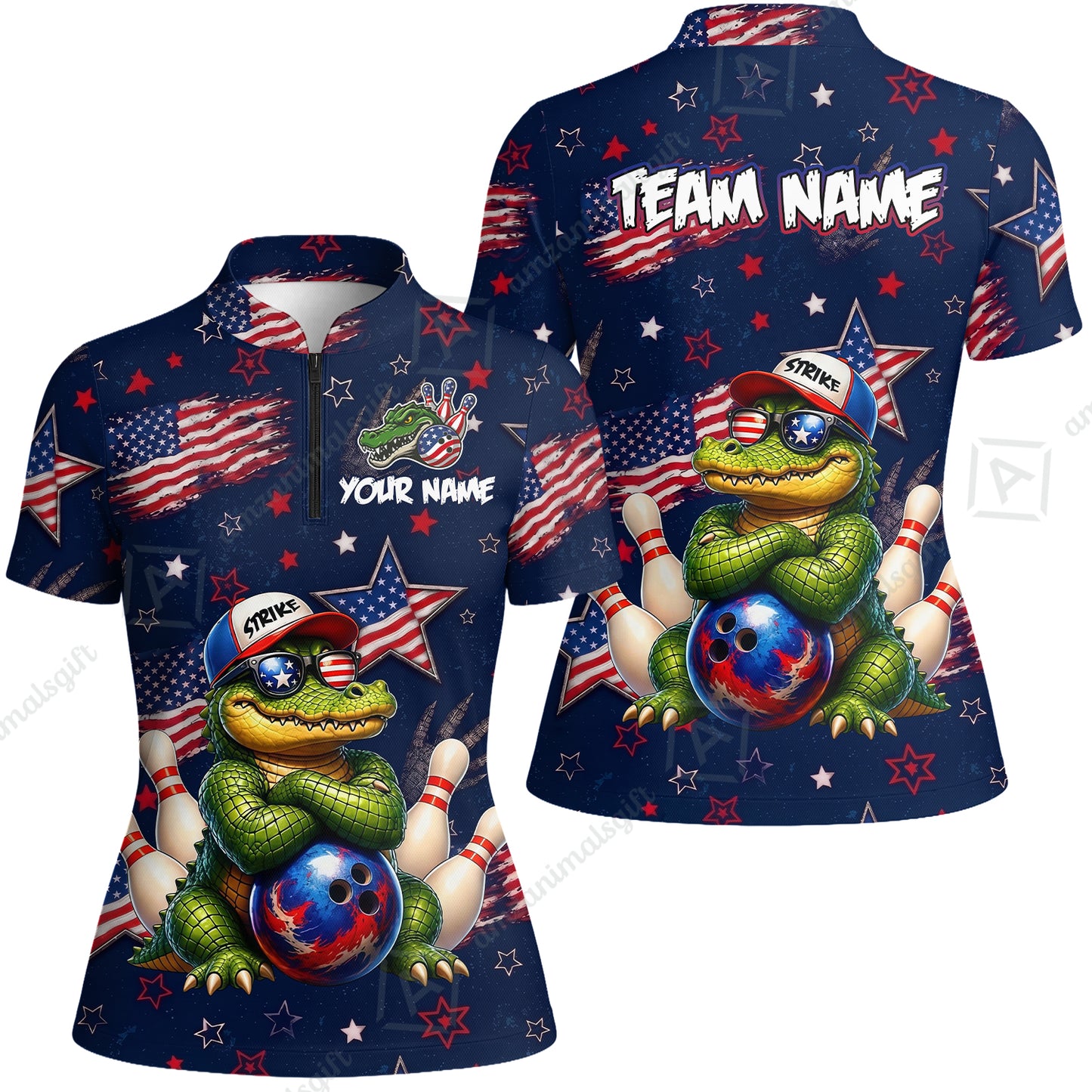 Custom Bowling Jersey Polo Shirt, Cool Patriotic Alligator Mascot, Custom Bowling Jersey Team Shirt For Players With Name and Team Name