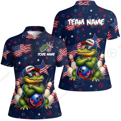 Custom Bowling Jersey Polo Shirt, Cool Patriotic Alligator Mascot, Custom Bowling Jersey Team Shirt For Players With Name and Team Name