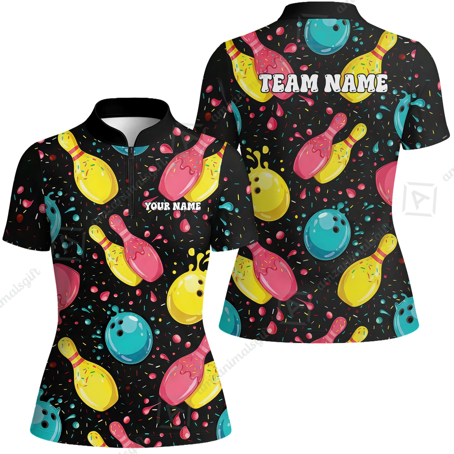 Customized Bowling Unisex Polo Shirt, Funny Colorful Donuts Bowling Pins and Ball, Personalized Name And Team Name