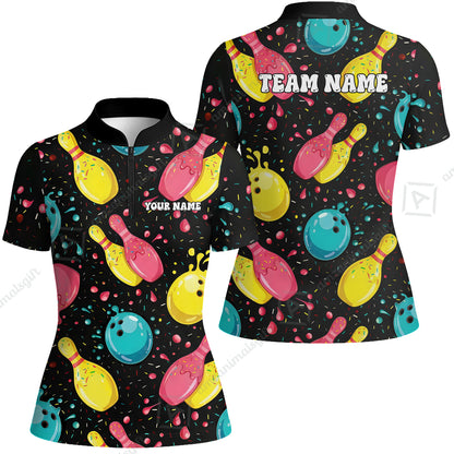 Customized Bowling Unisex Polo Shirt, Funny Colorful Donuts Bowling Pins and Ball, Personalized Name And Team Name