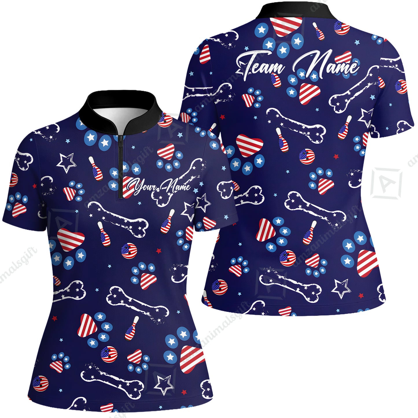Custom Bowling Jersey Polo Shirt, US Dog Footprint, Personalize Name and Team Name