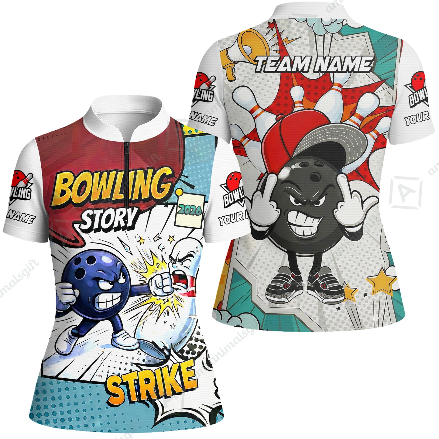 Customized Bowling Team Shirt, Comic Bowling Story Strike Cartoon, Bowling Uniforms, Personalized Name And Team Name