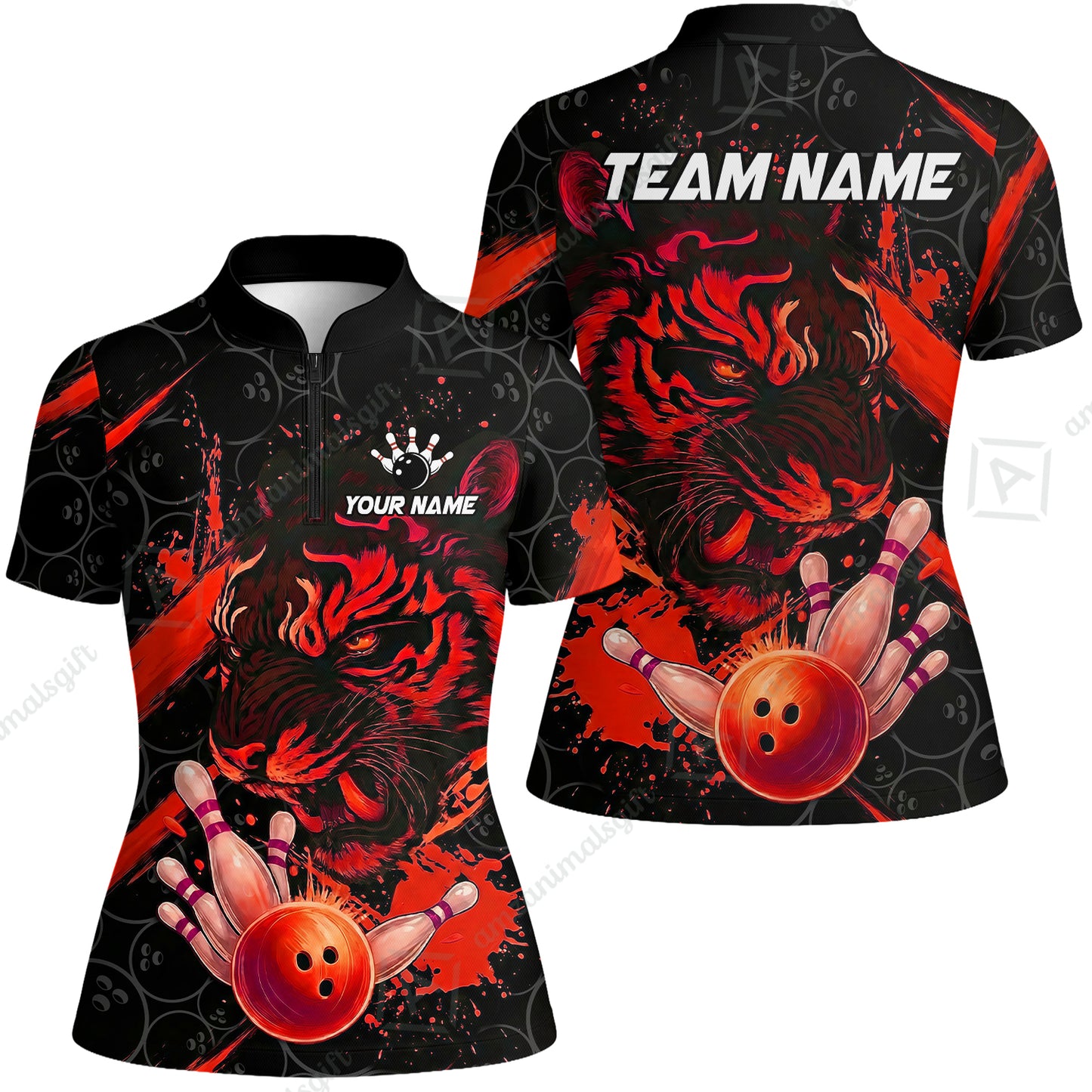 Customized Bowling Unisex Polo Shirt, Tiger Ball Striking Pins, Bowling Uniforms, Personalized Name And Team Name
